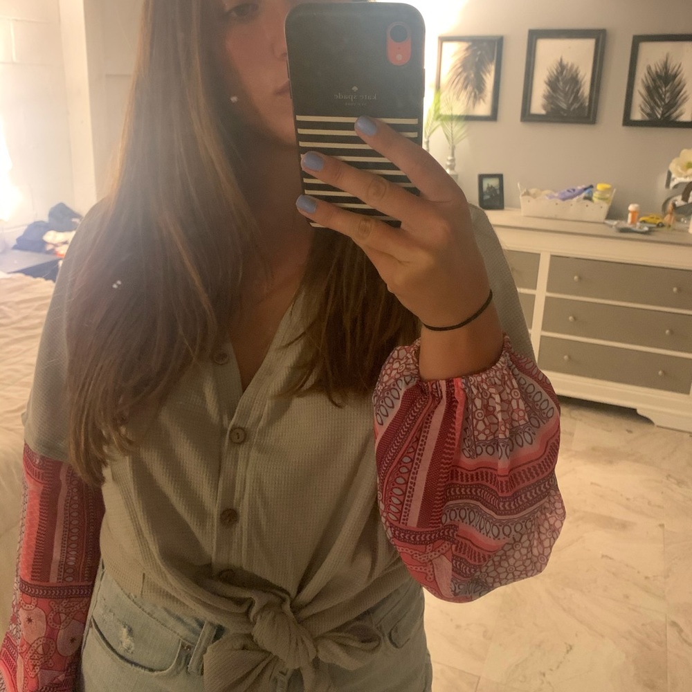 Terry cloth top with patterned sleeves!